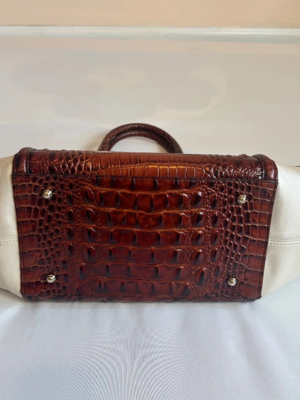 Brahmin Satchel Handbag Snakeskin Leather Trim Mini Asher Melbourne Hemlock